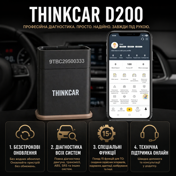 Автосканер Thinkcar D200 (Android/IOS, всі системи, 15 сервісних функцій, безстрокові оновлення, тести, CAN FD) Key-0250 фото